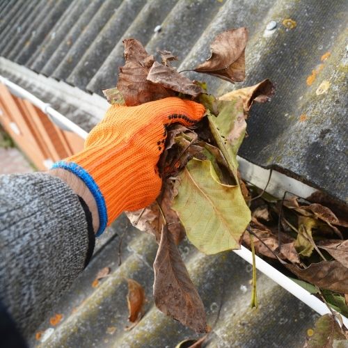 Dachrinne wird von Blättern befreit